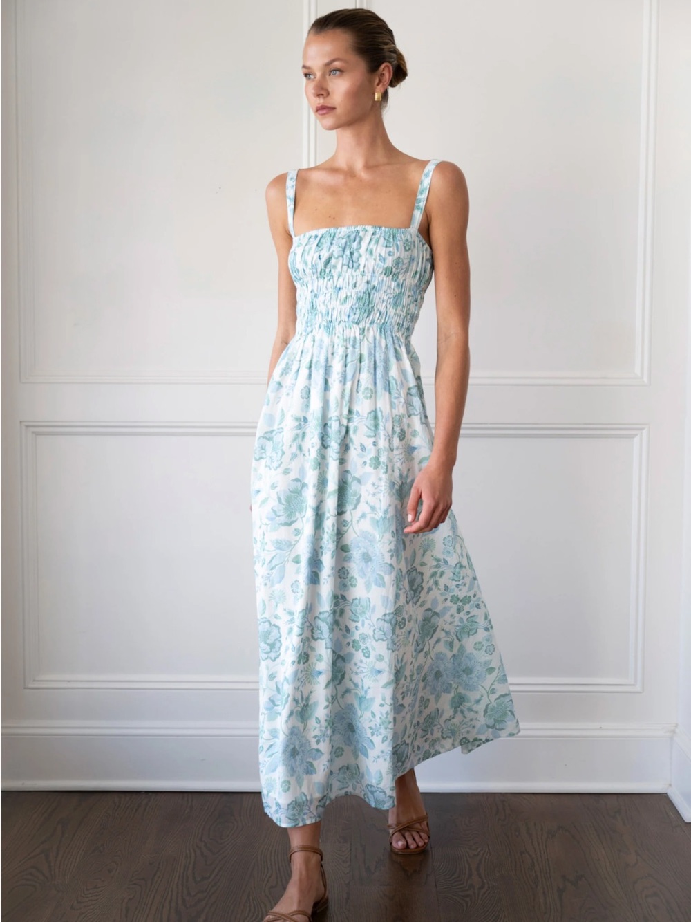 La Maregold June Smocked Floral Blue Maxi Dress